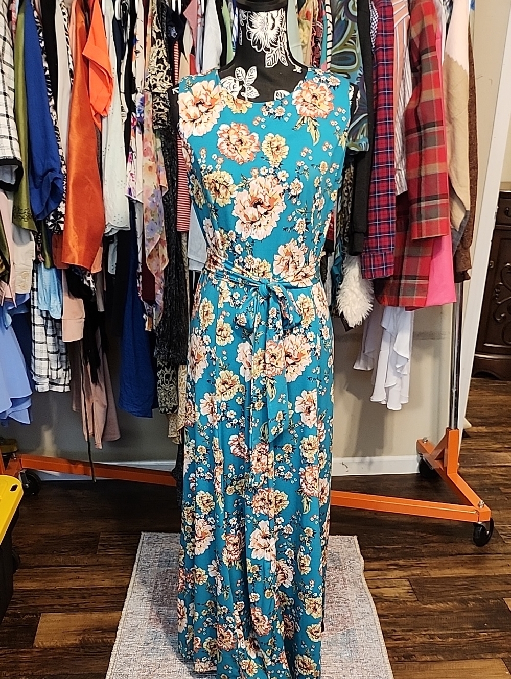 Haani Teal Floral Maxi Dress with Tie Waist